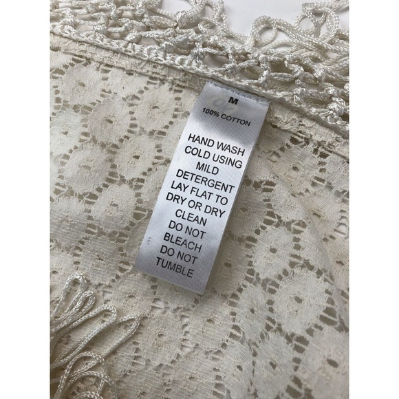Alberto Makali Poncho Cape Womens Medium Ivory Cotton Fringe Lace Beaded V-Neck - Picture 6 of 8
